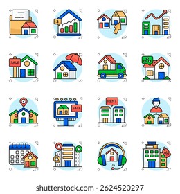 Conjunto de iconos planos de edificios