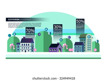 Set of buildings in flat style. City against the sky and green hills. Infographic of architecture of a small town.