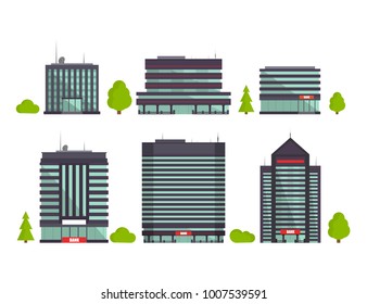 Set of buildings in flat style isolated on white. City houses. Vector illustration