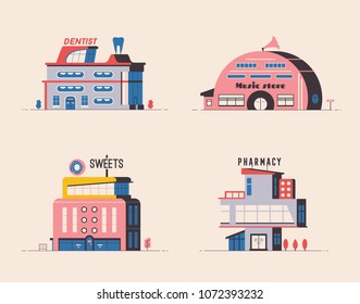 Set of buildings. Flat vector illustration. Outdoor facade