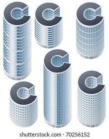 Set of buildings in form of alphabet. Letter c