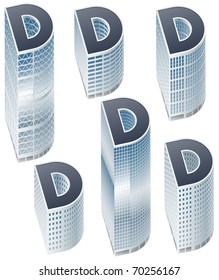 Set of buildings in form of alphabet. Letter d