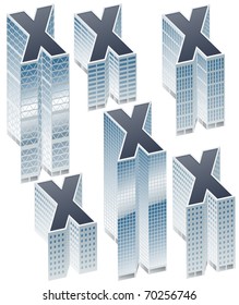 Set of buildings in form of alphabet. Letter x