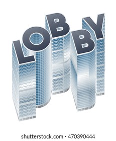 Set of buildings in form of alphabet. Lobby