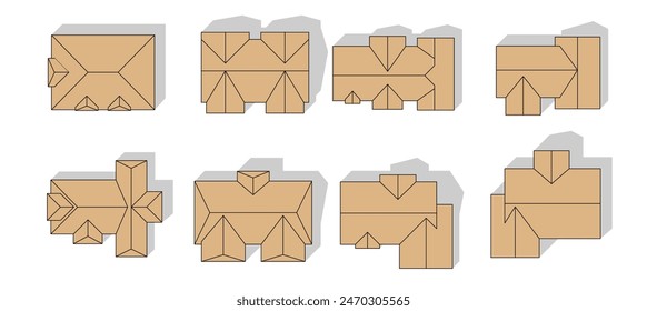 Set of Buildings and Houses top view. Isolated elements for design of city, town, village, country plans. Roofs view from above. Objects to the map flat style. Top view for design. Vector illustration