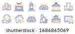 Set of Buildings icons, such as Circus, Sports stadium. Certificate, save planet. University campus, Lighthouse, Loan house. Arena stadium, Circus tent, Skyscraper building. Shop line icons. Vector