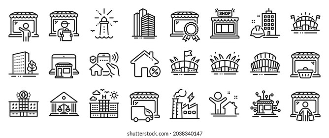 Set of Buildings icons, such as Court building, Skyscraper buildings, Arena stadium icons. Arena, Lighthouse, Online market signs. New house, Loan house, Buildings. Marketplace, Hotel. Vector