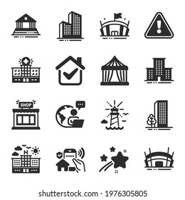 Set of Buildings icons, such as Hospital building, Buildings, Arena symbols. Arena stadium, Lighthouse, Court building signs. Skyscraper buildings, University campus, Circus tent. Shop. Vector