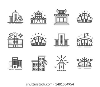 Set of Buildings icons, such as Lighthouse, University campus, Arena stadium, Arena, Skyscraper building, Sports stadium, Hotel, Circus, Loan house, Shop line icons. Lighthouse icon. Vector