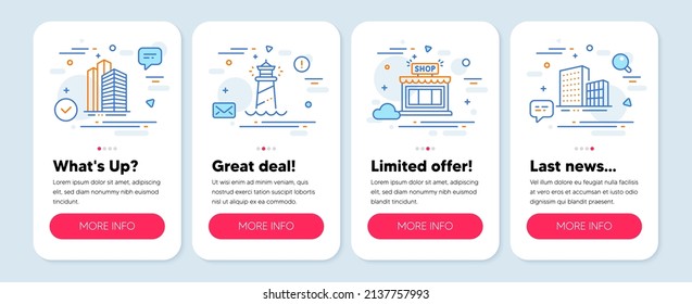 Set of Buildings icons, such as Lighthouse, Shop, Skyscraper buildings symbols. Mobile screen mockup banners. Buildings line icons. Searchlight tower, Store, Town architecture. Vector