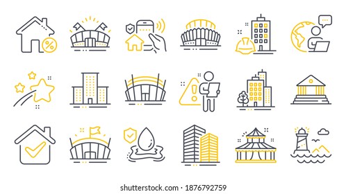 Set of Buildings icons, such as Buildings, Loan house, Skyscraper buildings symbols. Flood insurance, Lighthouse, Arena stadium signs. University campus, Court building, Arena. Circus. Vector