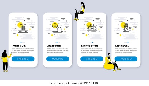 Set of Buildings icons, such as New house, Sports arena, Hospital building icons. UI phone app screens with people. Lighthouse line symbols. Buying home, Event stadium, Medical help. Vector