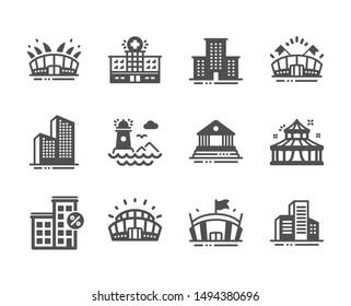 Set of Buildings icons, such as Skyscraper buildings, Lighthouse, Sports arena, Arena, Sports stadium, Hospital, Loan house, Circus, Court building, University campus icons. Vector