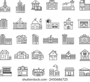 Set of Buildings Icons. Vector Icons of Home, Office. City, Hospital, Police, Court, Museum, Shopping Center, Casino, University, Church and Others