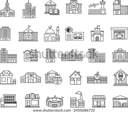 Set of Buildings Icons. Vector Icons of Home, Office. City, Hospital, Police, Court, Museum, Shopping Center, Casino, University, Church and Others