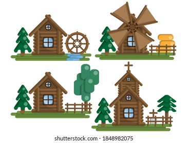 A set of buildings. Isolated on white background. Vector illustration.