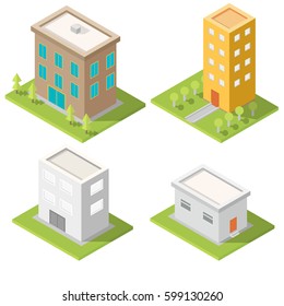 Set of buildings in an isometric style with a shadow on a green area
