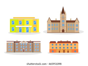 Set of buildings kindergarten school college university. Modern editable buildings isolated. Educational establishments since childhood till grown up. Part of series of lifelong learning. Vector