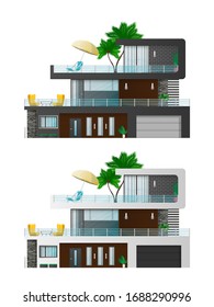 Set of buildings. Large modern three-story house. Cottage, town house with shadows. Architectural visualization of the cottage outside. Realistic vector illustration.