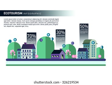 Set of buildings in lat design style. City against the sky and green hills. Infographic elements of architecture of a small town.