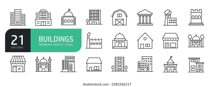 Set Of Buildings Line Icons.