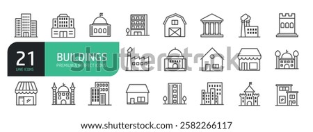 Set Of Buildings Line Icons.