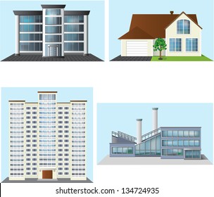 set of buildings: office, house, factory.