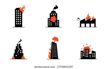 Set of buildings on fire with smoke and flames rising high