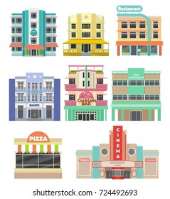 Set of buildings on Miami beach. Flat style concept objects