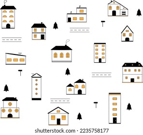 Set of buildings on a transparent background. Set of doodle icons in black and yellow colors