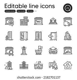 Set of Buildings outline icons. Contains icons as Door, Lighthouse and Arena elements. Skyscraper buildings, Open door, Food market web signs. Market, Buildings, Sports arena elements. Vector