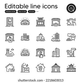 Set of Buildings outline icons. Contains icons as Electricity factory, Market sale and Skyscraper buildings elements. Arena stadium, Delivery market, House security web signs. Vector