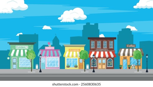 Set of buildings. Pharmacy, confectionery, flower and book store, coffee shop. City buildings.