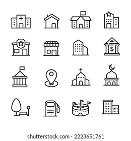 Conjunto de edificios y lugares icono con estilo lineal aislado en fondo blanco