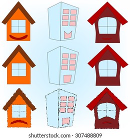 Set of buildings: smiling, sad, neutral. Sick building syndrome.
