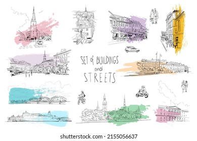 Set of buildings and streets, architectural facade elements hand drawn sketch. Europe city. Art vector illustration. 