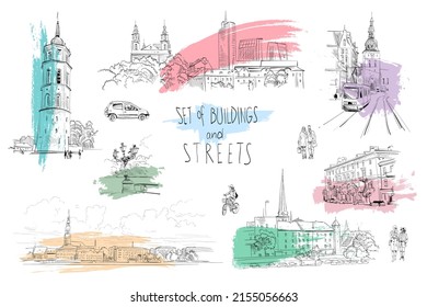 Set of buildings and streets, architectural facade elements hand drawn sketch. Europe city. Art vector illustration. 