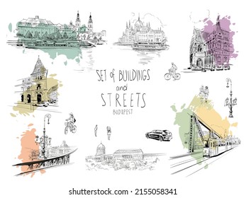 Set of buildings and streets, architectural facade elements hand drawn sketch. Hungary. Art vector illustration.