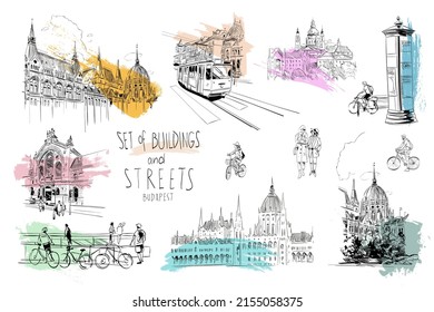 Set of buildings and streets, architectural facade elements hand drawn sketch. Hungary. Art vector illustration.