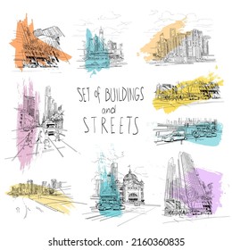 Bauwerke und Straßen, architektonische Fassadenelemente handgezeichnet Skizze. Melbourne Stadt. Australien. Kunst, Vektorgrafik.
