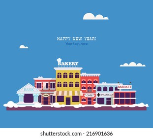 Set of buildings in the style of business flat design. Roads and city against the sky and snow-capped mountains. Architecture of a small town market, salon, pharmacy, bakery, bank, coffee shop.