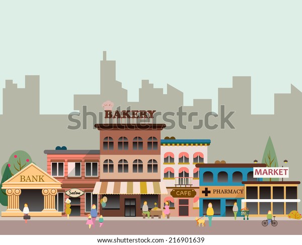 Set of buildings in the style of business flat\
design. Roads and city against the sky and snow-capped mountains.\
Architecture of a small town market, salon, pharmacy, bakery, bank,\
coffee shop.