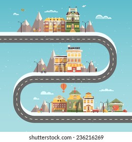 Set of buildings in the style of small business flat design. Infographics winter city in anticipation of Christmas and New Year.