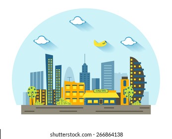 Set of buildings in the style of small business flat design with clouds and plane