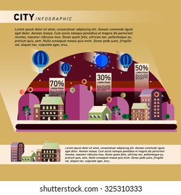 Set of buildings in the style of small business flat design. Roads and city against the sky and green hills. Infographic of architecture of a small town.