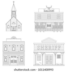 A set of buildings of the wild west. Line art. Children's coloring. Vector illustration