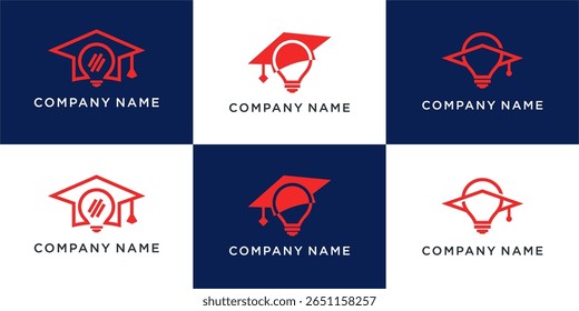 Conjunto de design de logotipo de lâmpada e chapéu para a educação