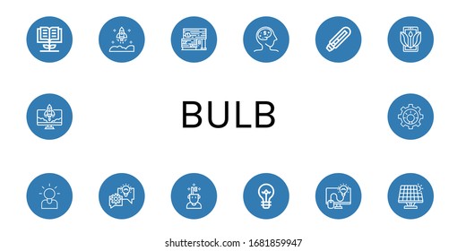 Set of bulb icons. Such as Knowledge, Startup, Rubber land, Idea, Light bulb, Ecology, Brainstorming, Lightbulb, Renewable energy , bulb icons