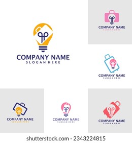 Set of Bulb Suitcase logo design vector. Suitcase logo design template concept