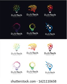 Set Of bulb tech logo design concept. Pixel technology bulb idea logo template. Light bulb lamp idea creative innovation energy logo design digital technology